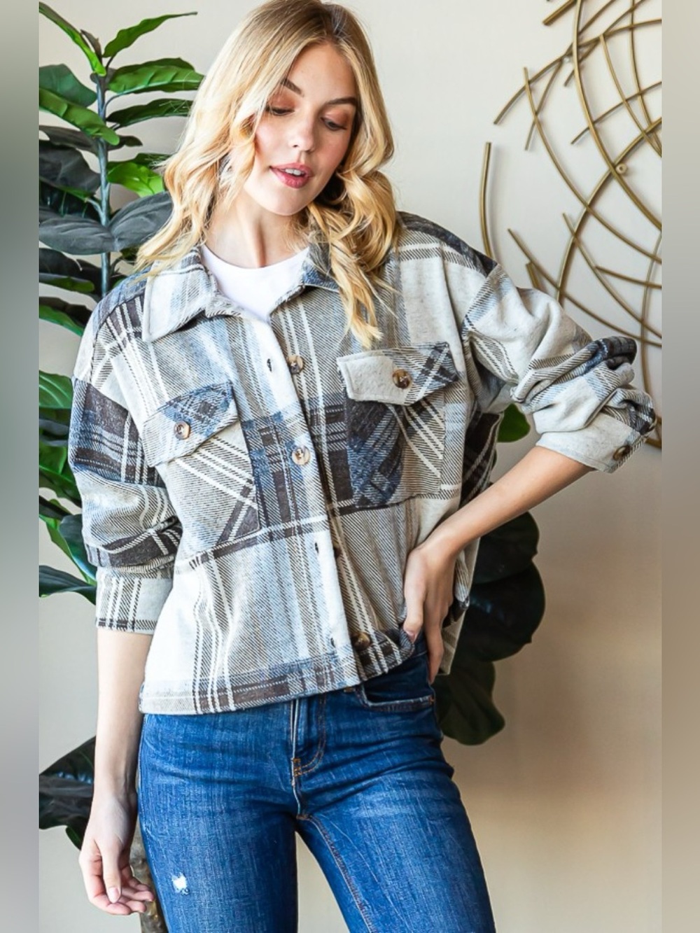 Reborn J Plaid Button Up Long Sleeve Shacket